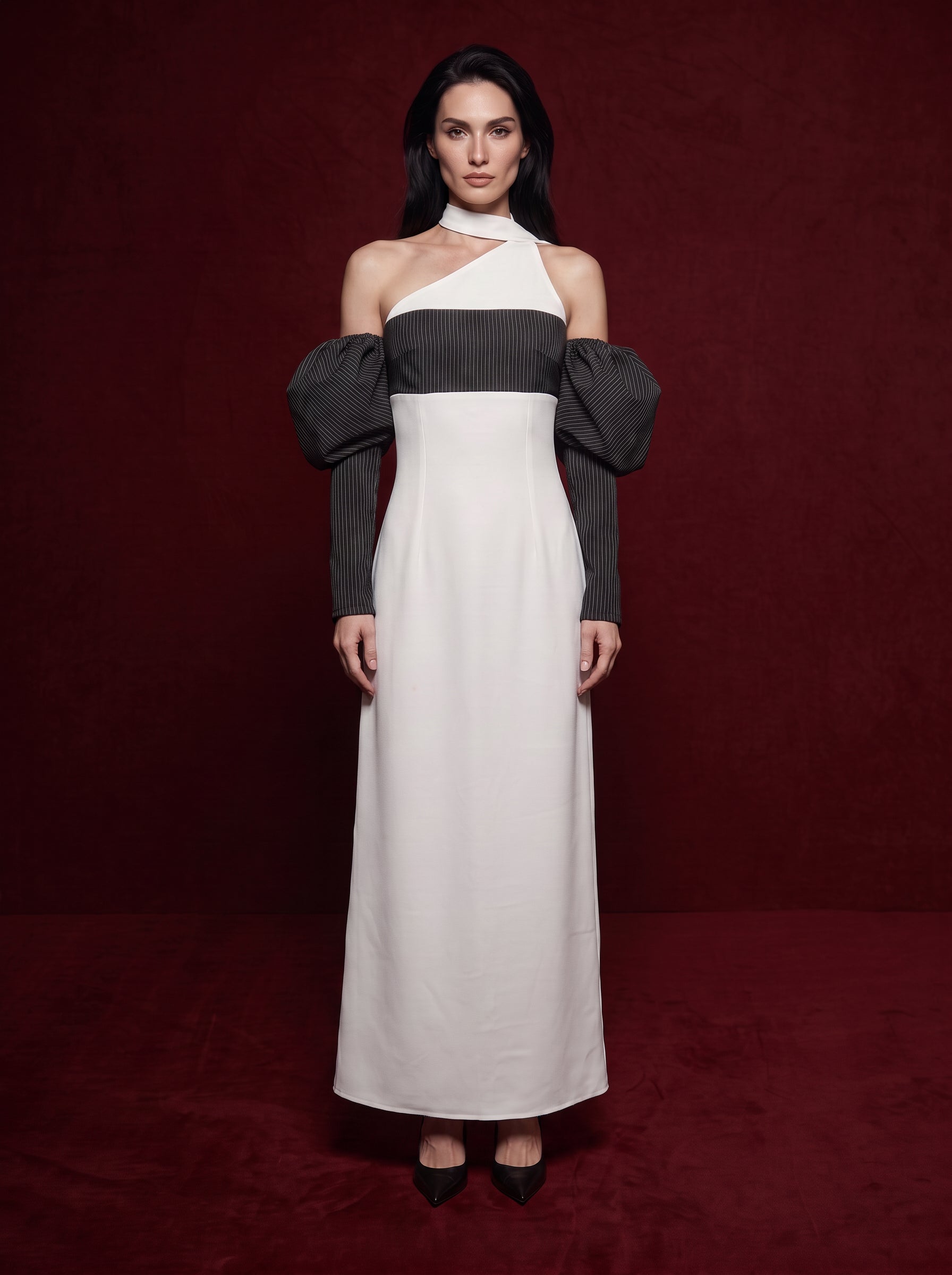 Madeleine-Asymmetric Pinstripe Maxi Dress