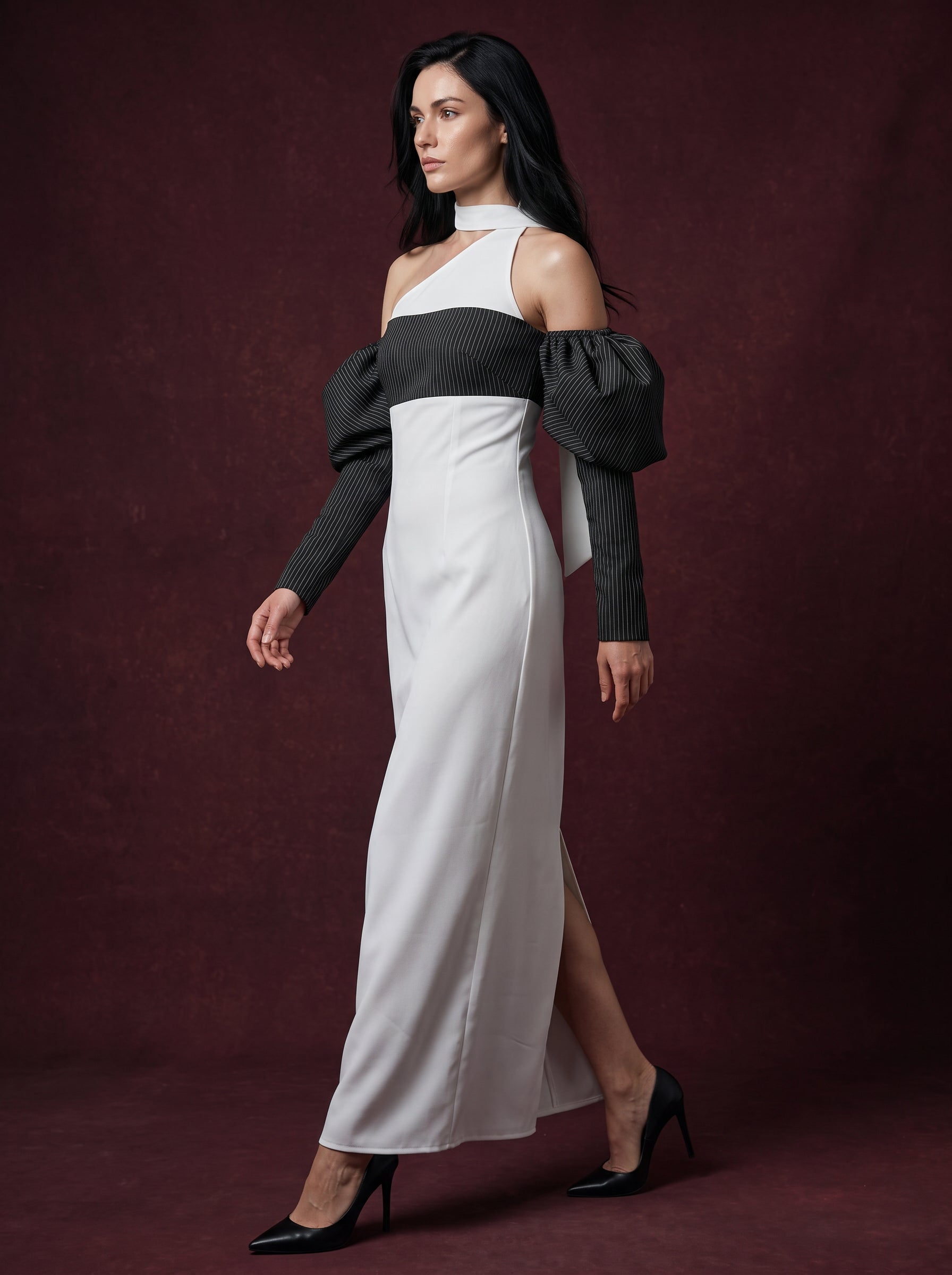 Madeleine-Asymmetric Pinstripe Maxi Dress