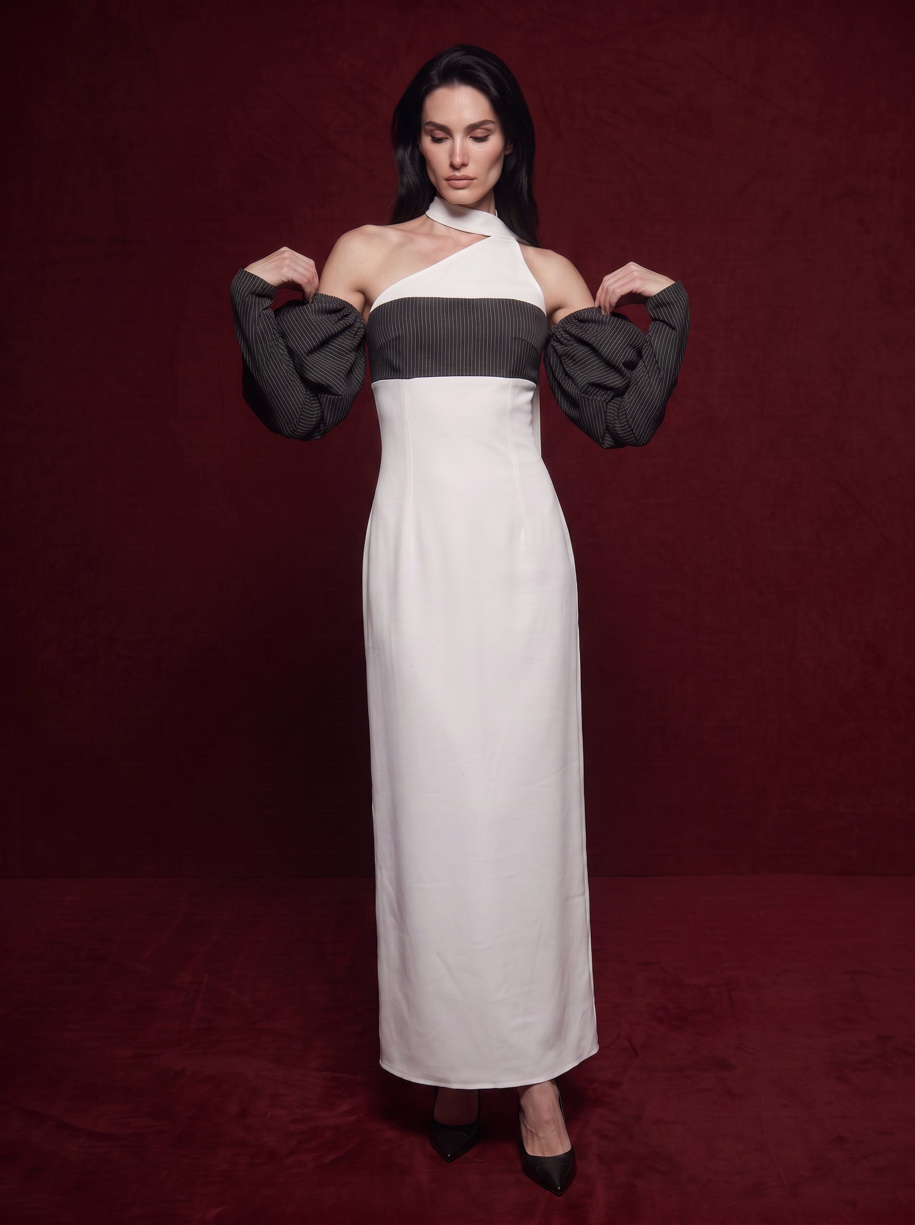 Madeleine-Asymmetric Pinstripe Maxi Dress