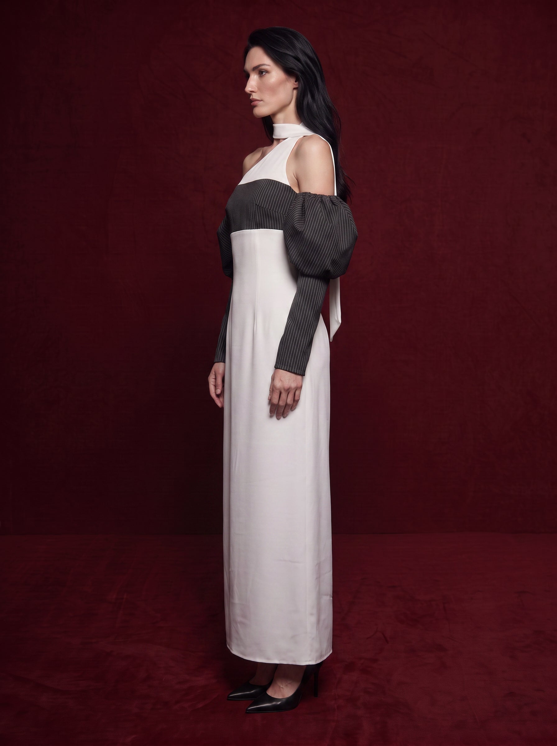 Madeleine-Asymmetric Pinstripe Maxi Dress