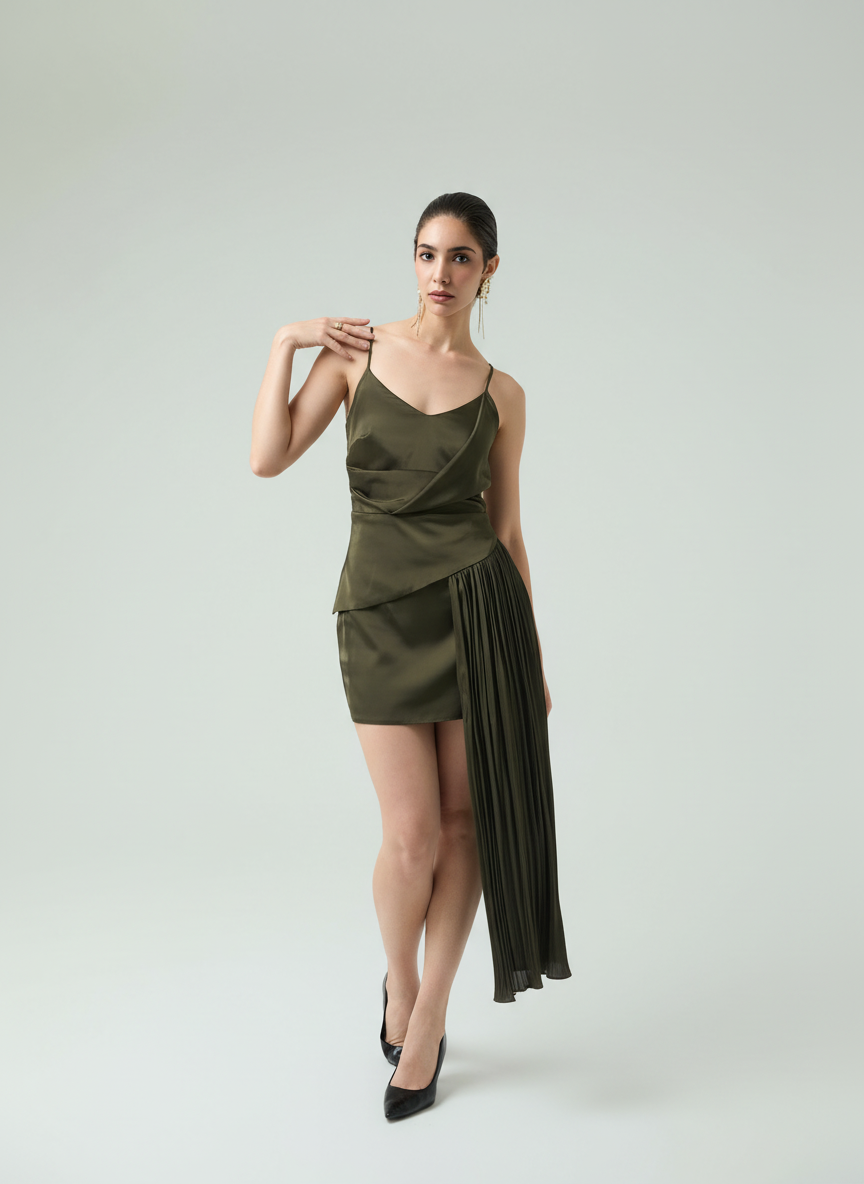 Plissé-Asymmetrical Draped Mini Dress