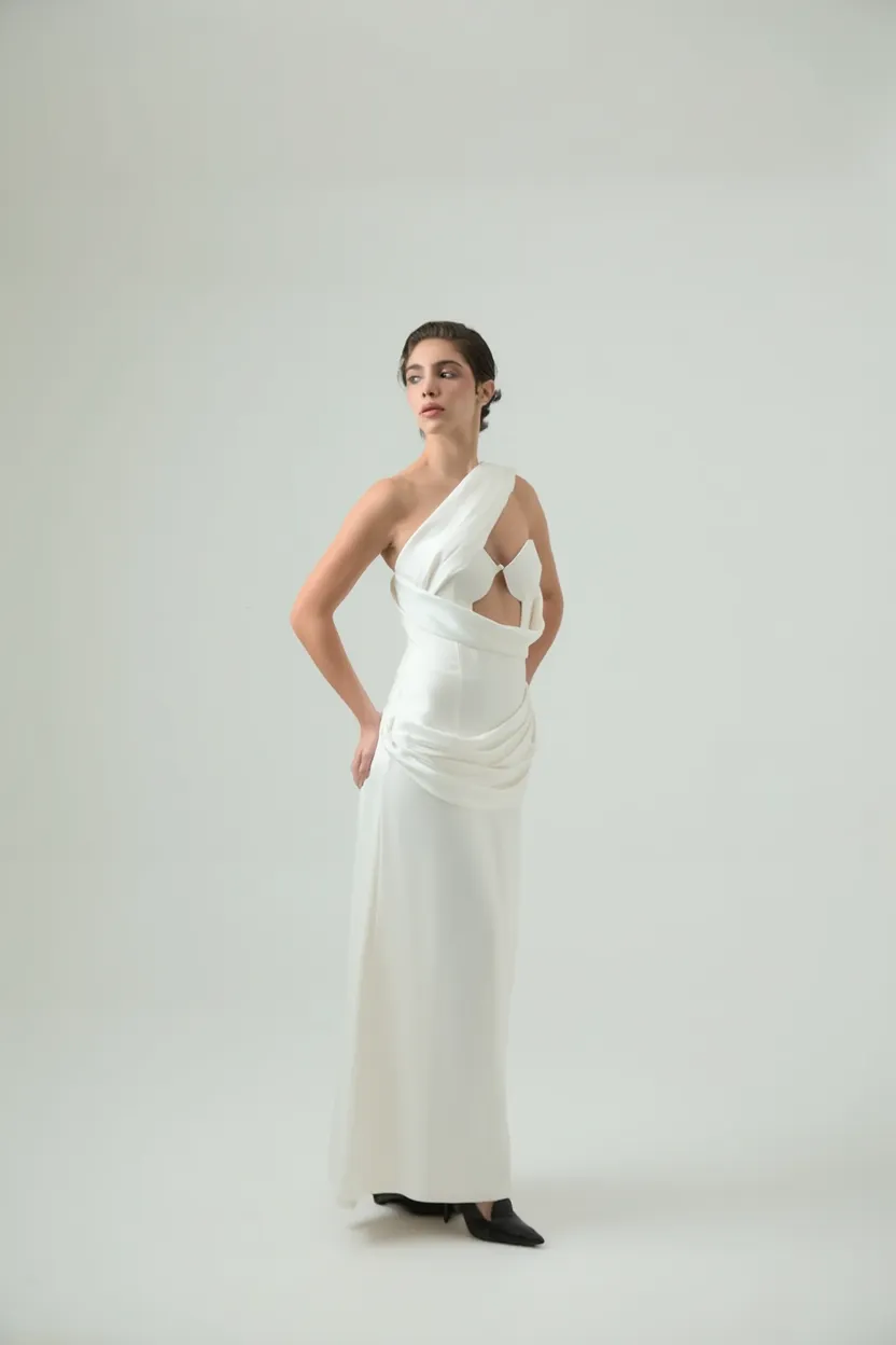 Idéale- Asymmetrical Draped One-Shoulder Gown