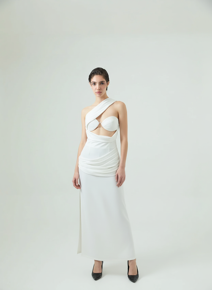 Idéale- Asymmetrical Draped One-Shoulder Gown