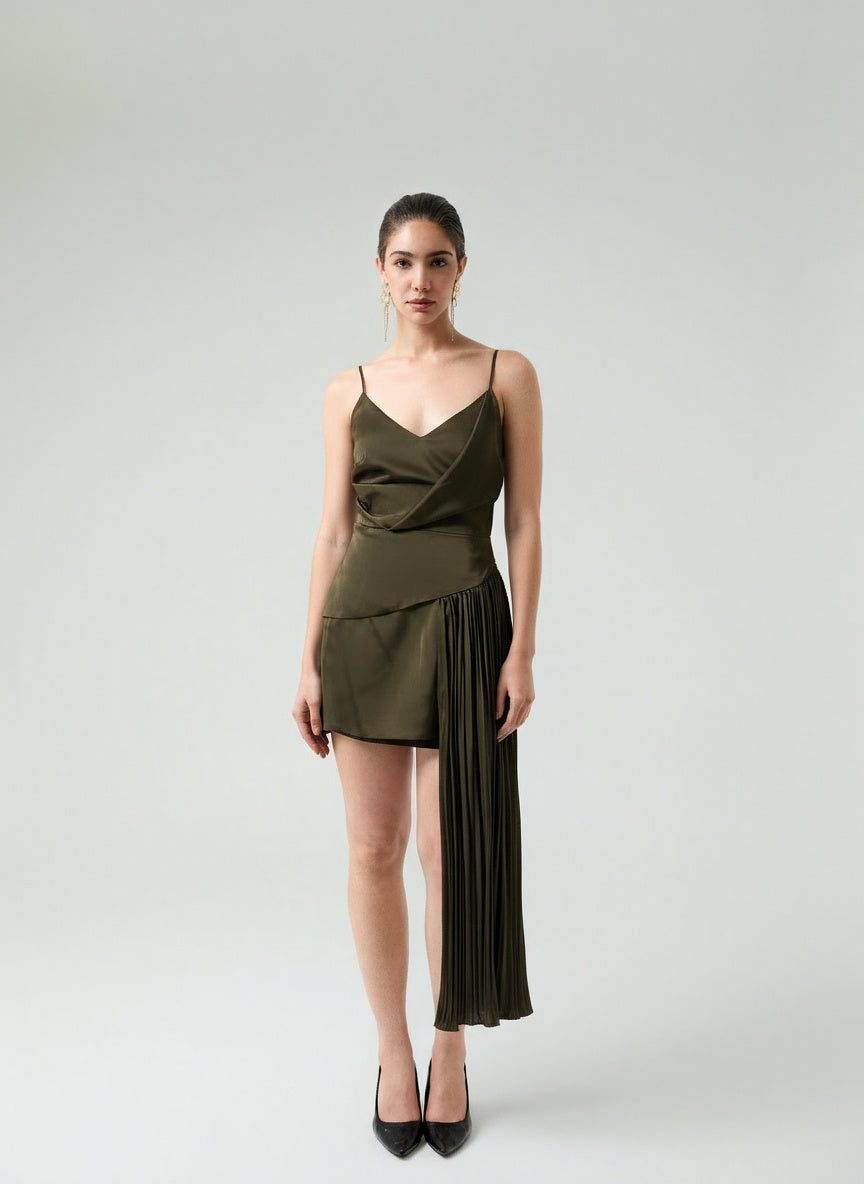 Plissé-Asymmetrical Draped Mini Dress