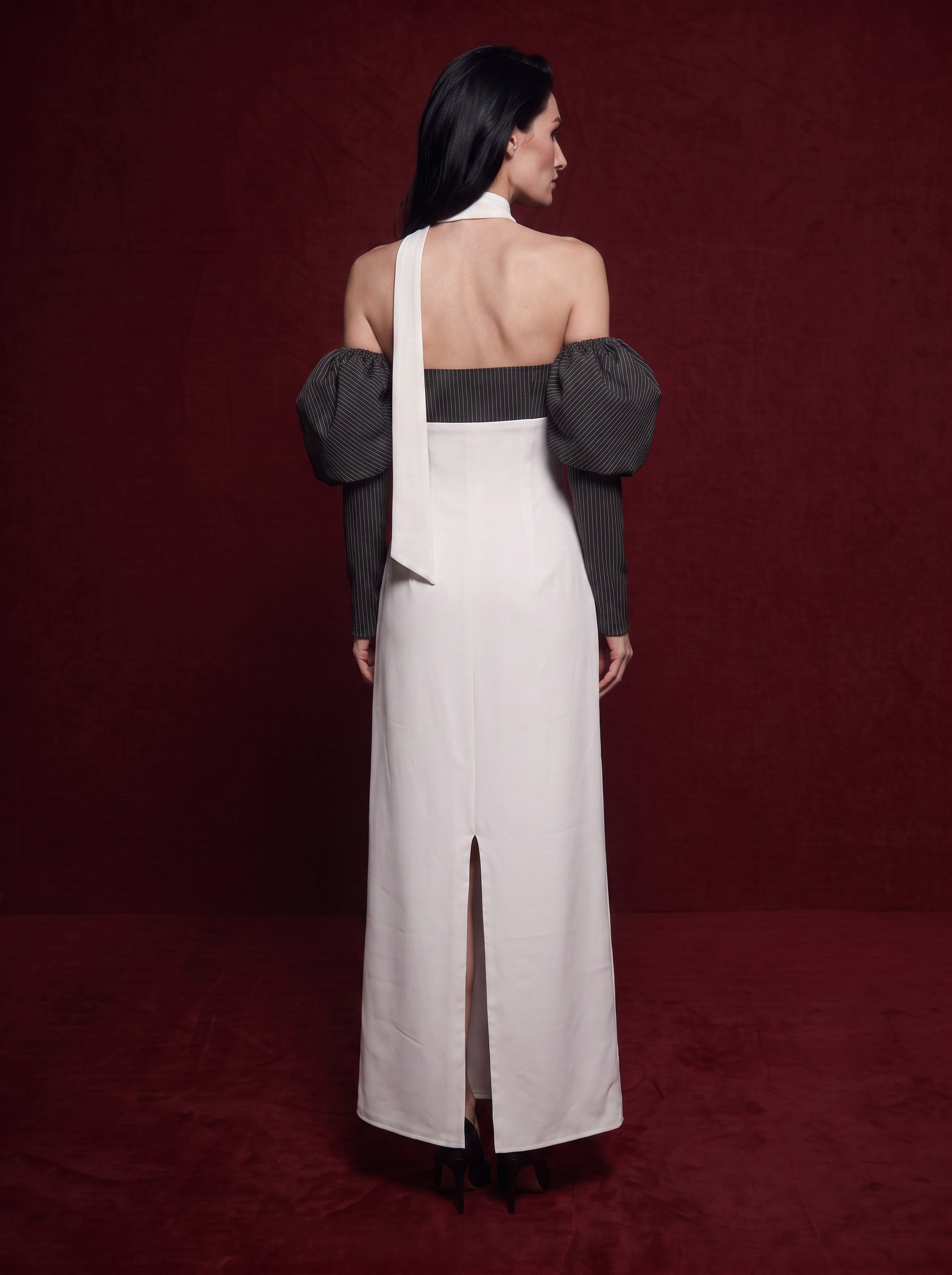 Madeleine-Asymmetric Pinstripe Maxi Dress
