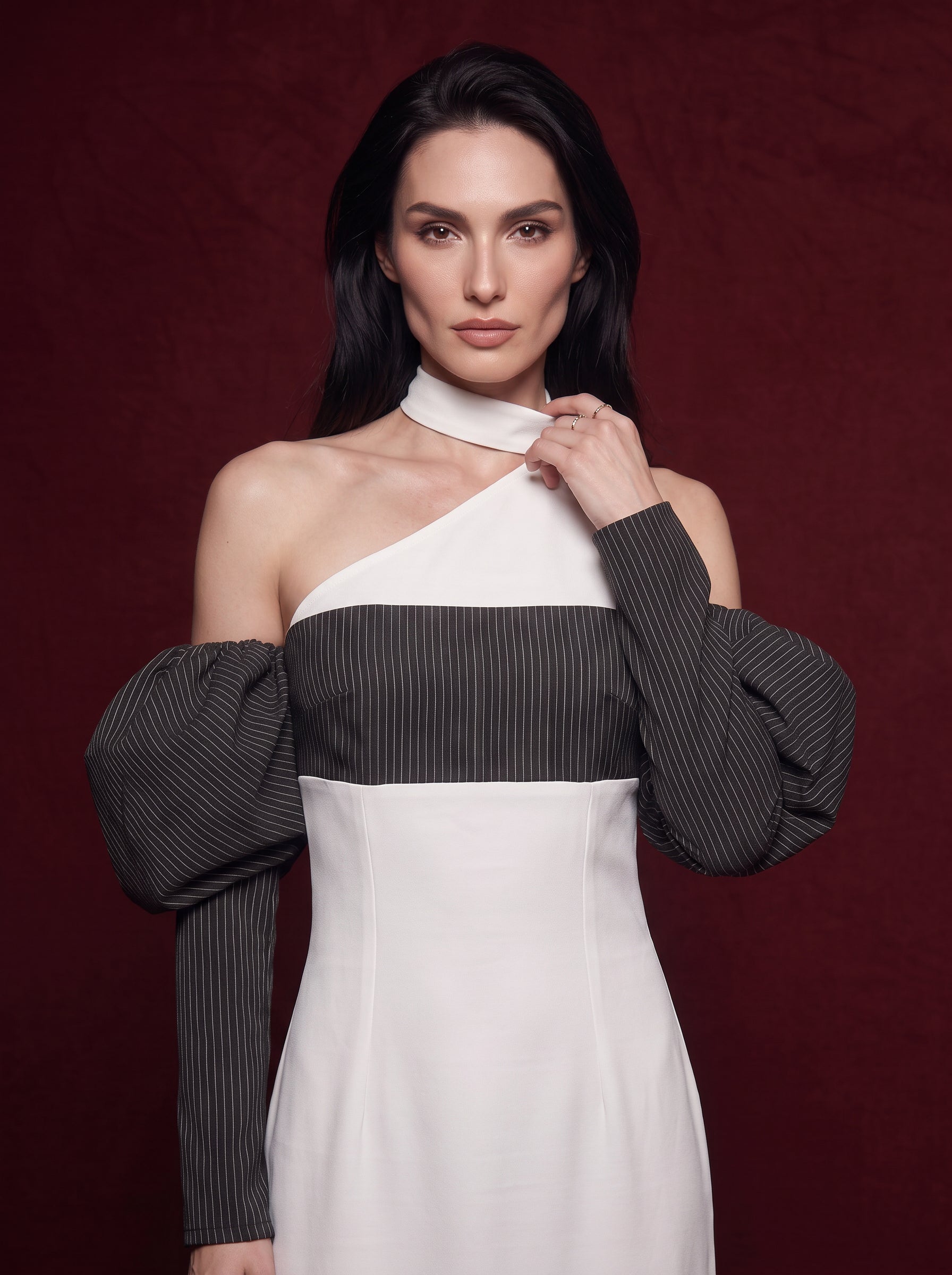 Madeleine-Asymmetric Pinstripe Maxi Dress