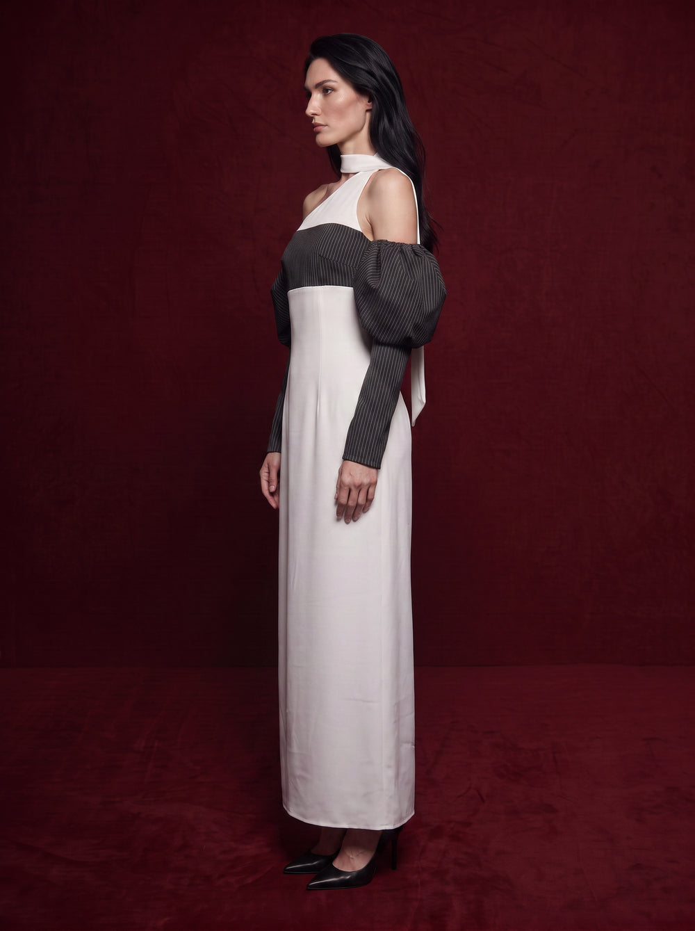 Madeleine-Asymmetric Pinstripe Maxi Dress
