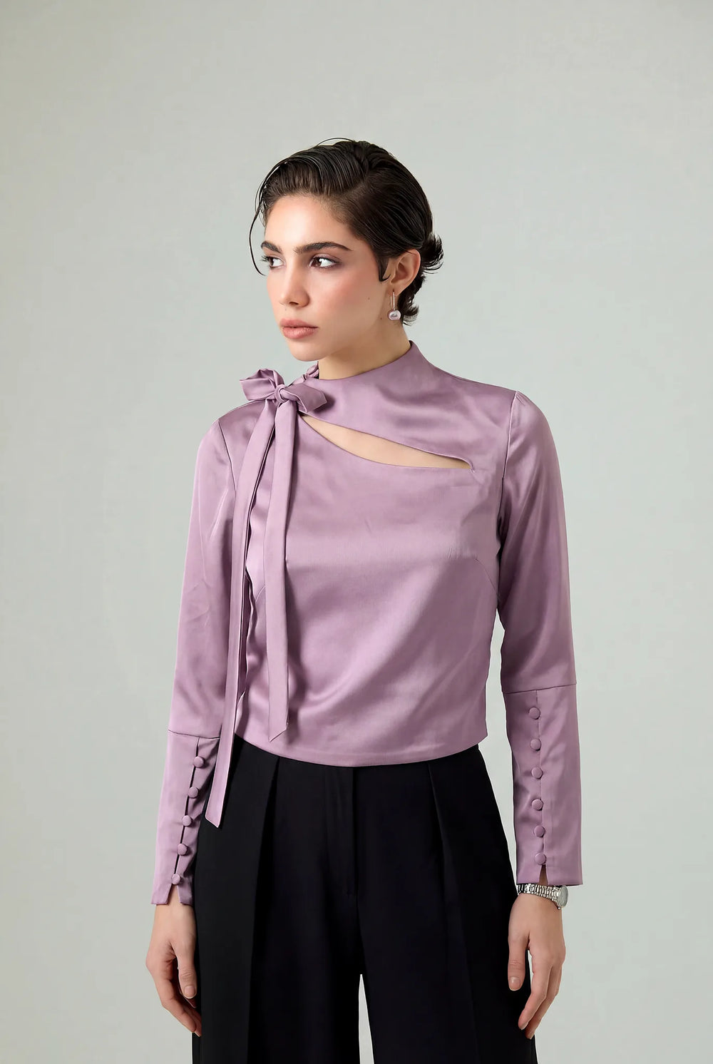 Éclisse-high neck asymmetric cut-out top