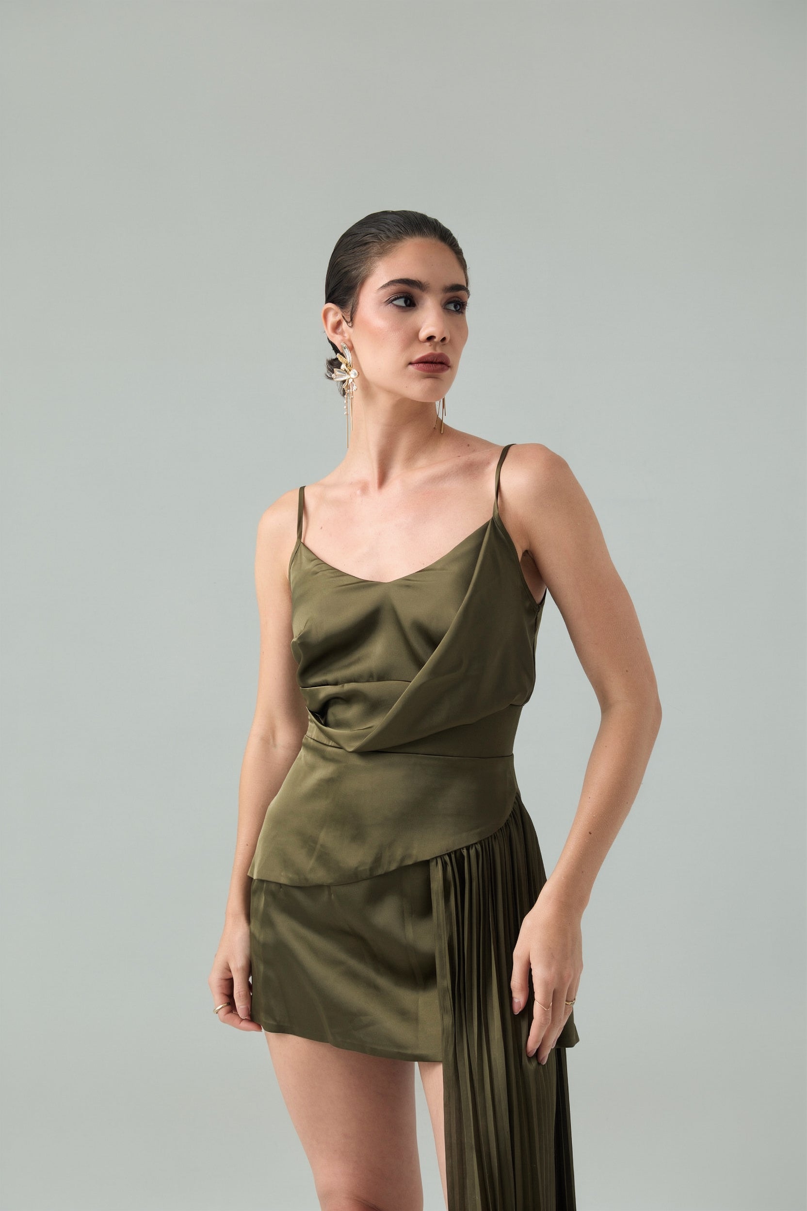 Plissé-Asymmetrical Draped Mini Dress