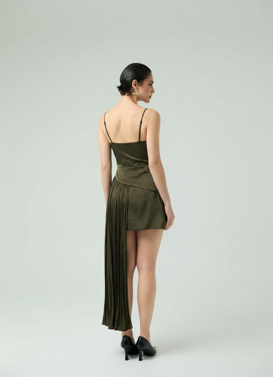 Plissé-Asymmetrical Draped Mini Dress