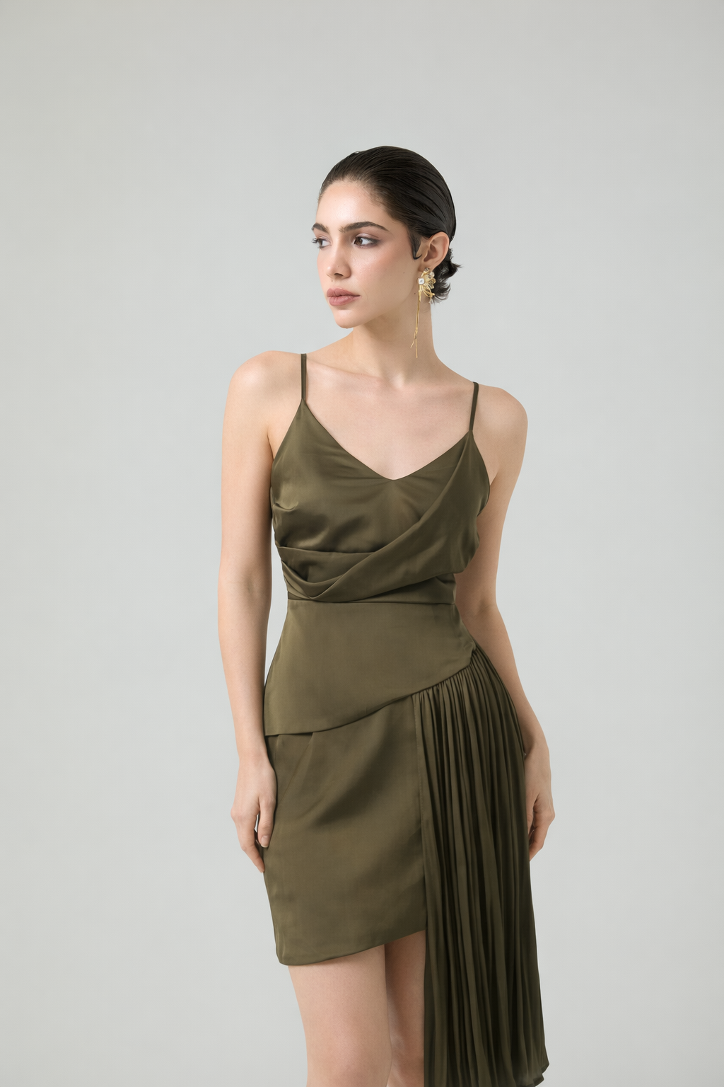 Plissé-Asymmetrical Draped Mini Dress