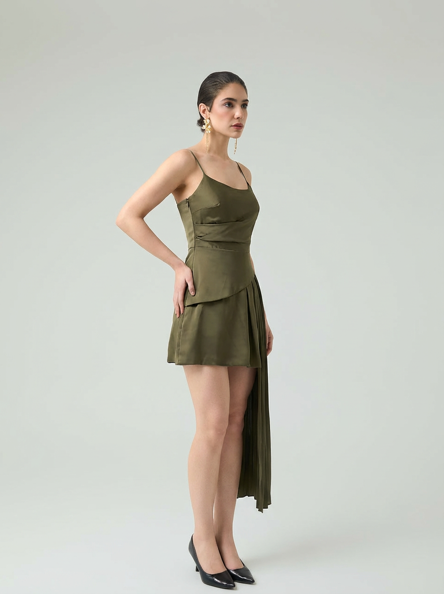 Plissé-Asymmetrical Draped Mini Dress