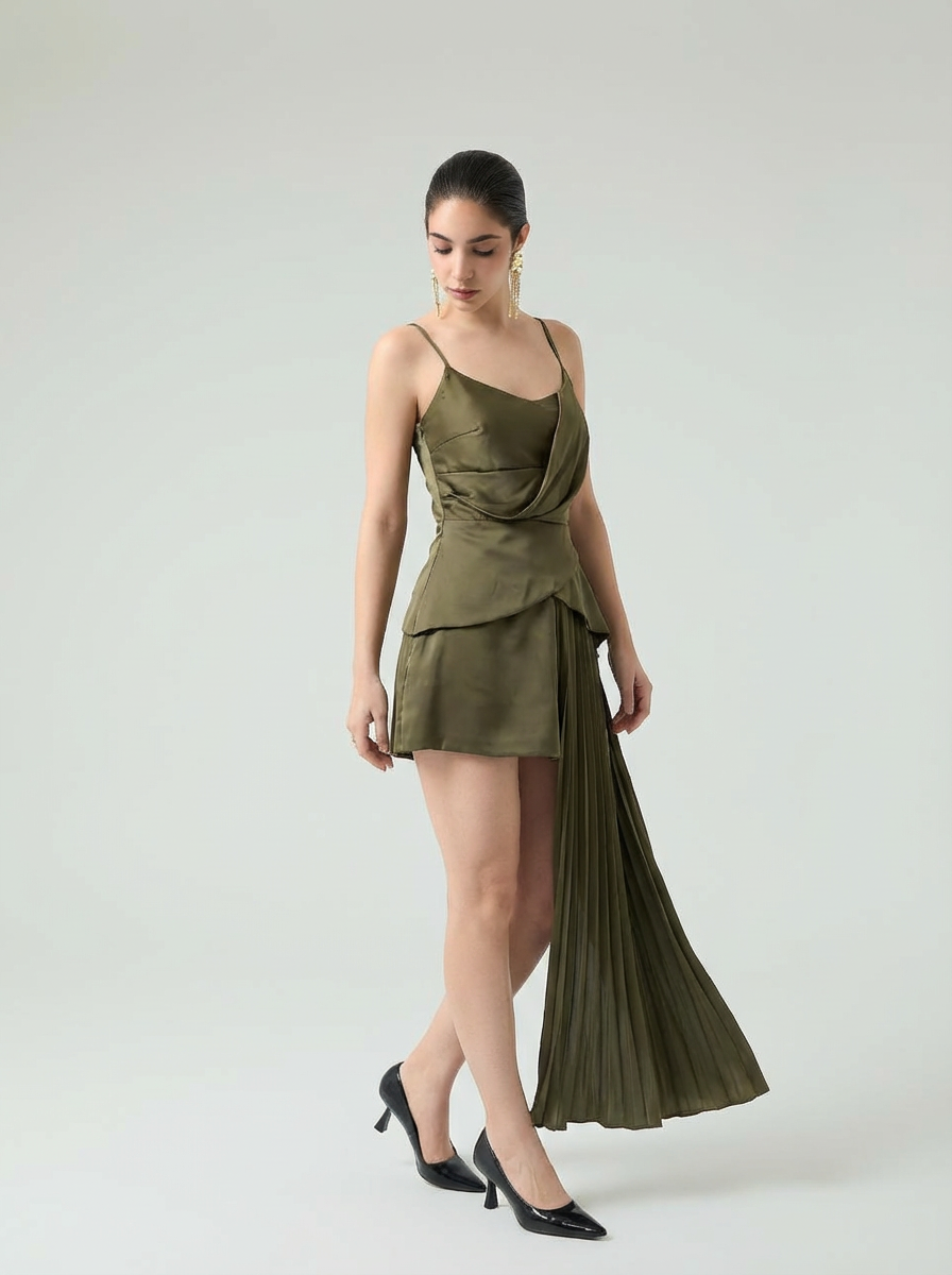 Plissé-Asymmetrical Draped Mini Dress